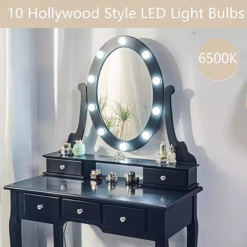 Coiffeuse moderne avec miroirs et éclairage LED, table de maquillage en bois 2 en 1 avec chaises, tiroirs, rangement, pour chambre à coucher