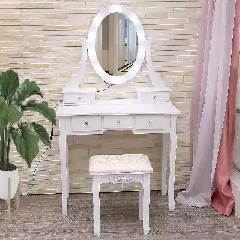 Coiffeuse moderne avec miroirs et éclairage LED, table de maquillage en bois 2 en 1 avec chaises, tiroirs, rangement, pour chambre à coucher