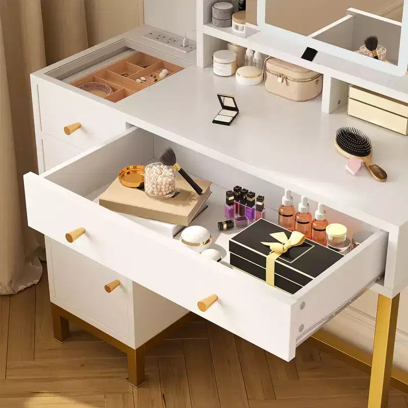 Vanity Table with 3 Lighting Modes, Featuring LED-Lit Mirror and Power Outlet, Ideal for Bedrooms and Living Rooms