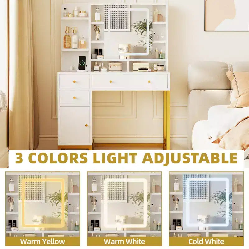 Coiffeuse avec 3 modes d'éclairage, dotée d'un miroir à LED et d'une prise électrique, idéale pour les chambres et les salons