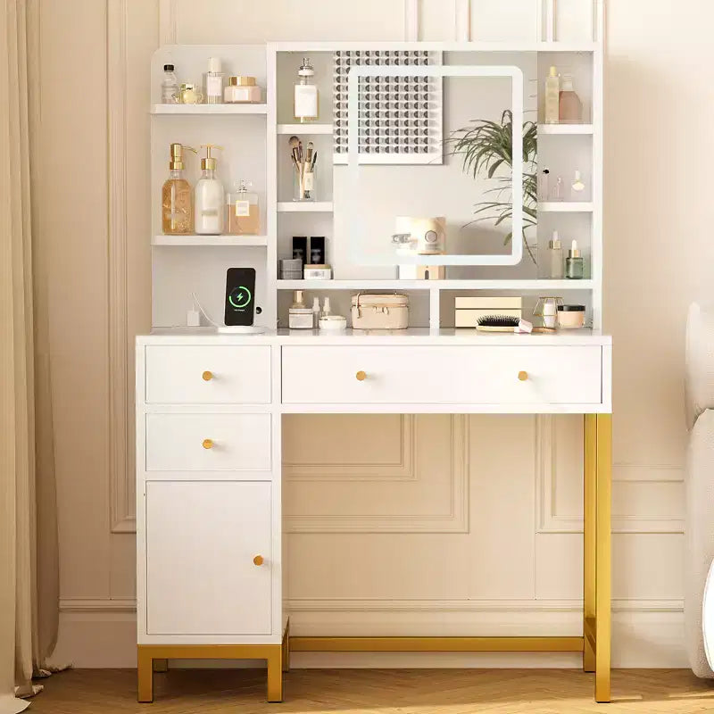 Coiffeuse avec 3 modes d'éclairage, dotée d'un miroir à LED et d'une prise électrique, idéale pour les chambres et les salons