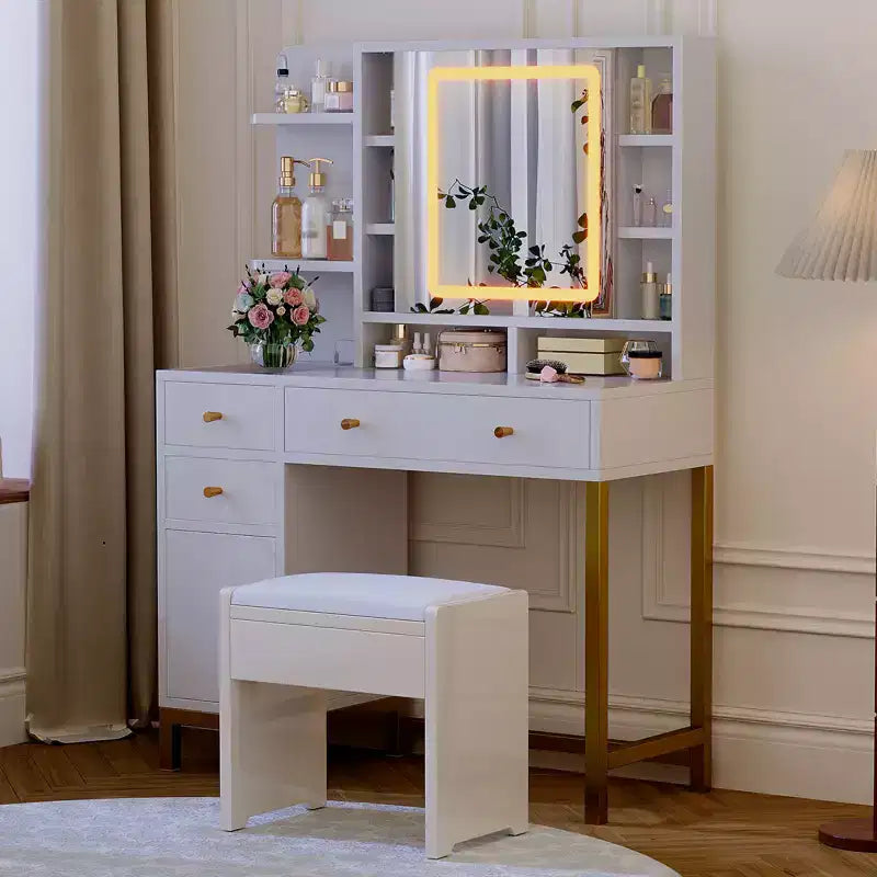 Coiffeuse avec 3 modes d'éclairage, dotée d'un miroir à LED et d'une prise électrique, idéale pour les chambres et les salons