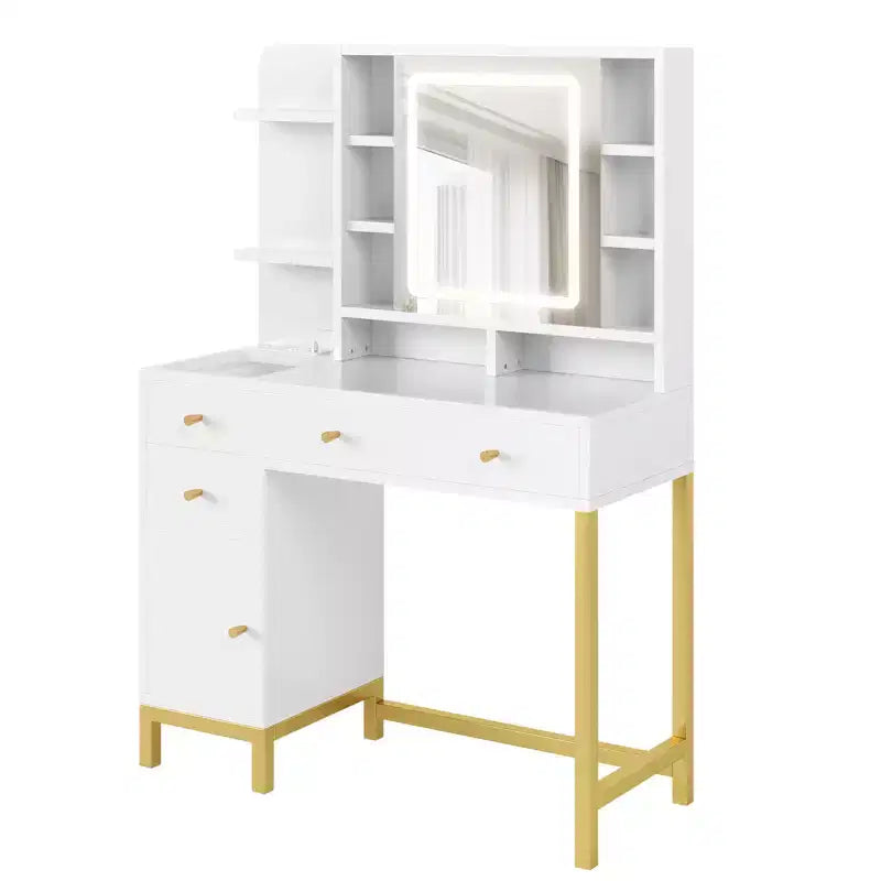 Coiffeuse avec 3 modes d'éclairage, dotée d'un miroir à LED et d'une prise électrique, idéale pour les chambres et les salons