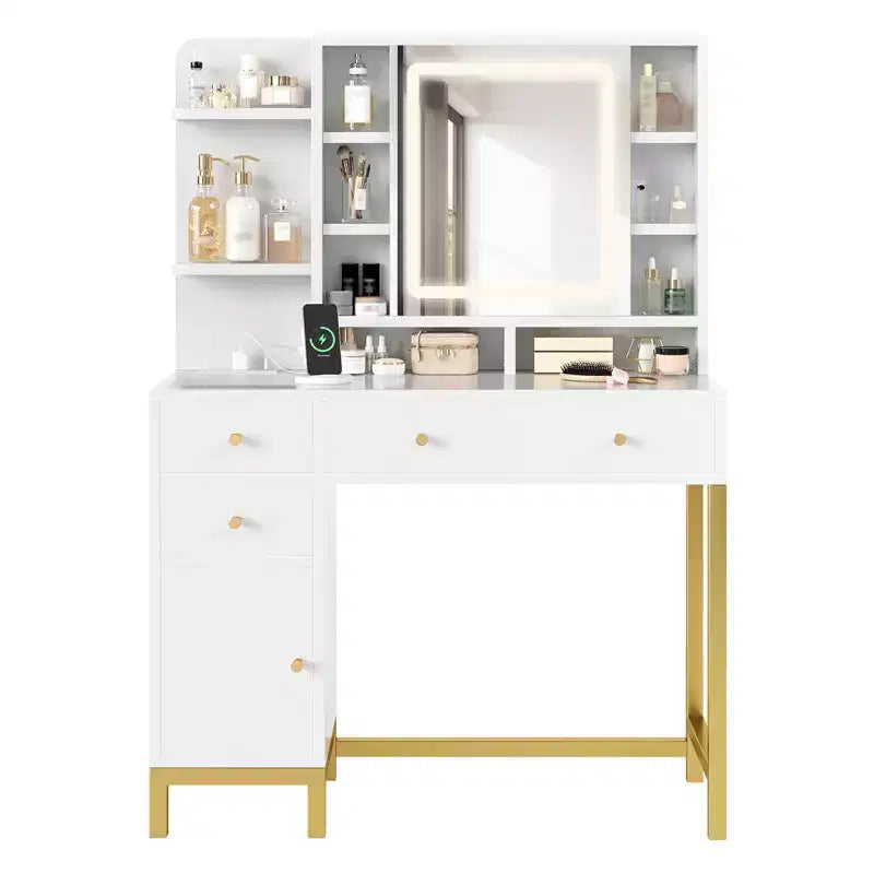 Coiffeuse avec 3 modes d'éclairage, dotée d'un miroir à LED et d'une prise électrique, idéale pour les chambres et les salons