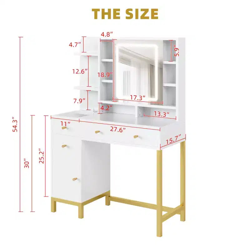 Coiffeuse avec 3 modes d'éclairage, dotée d'un miroir à LED et d'une prise électrique, idéale pour les chambres et les salons