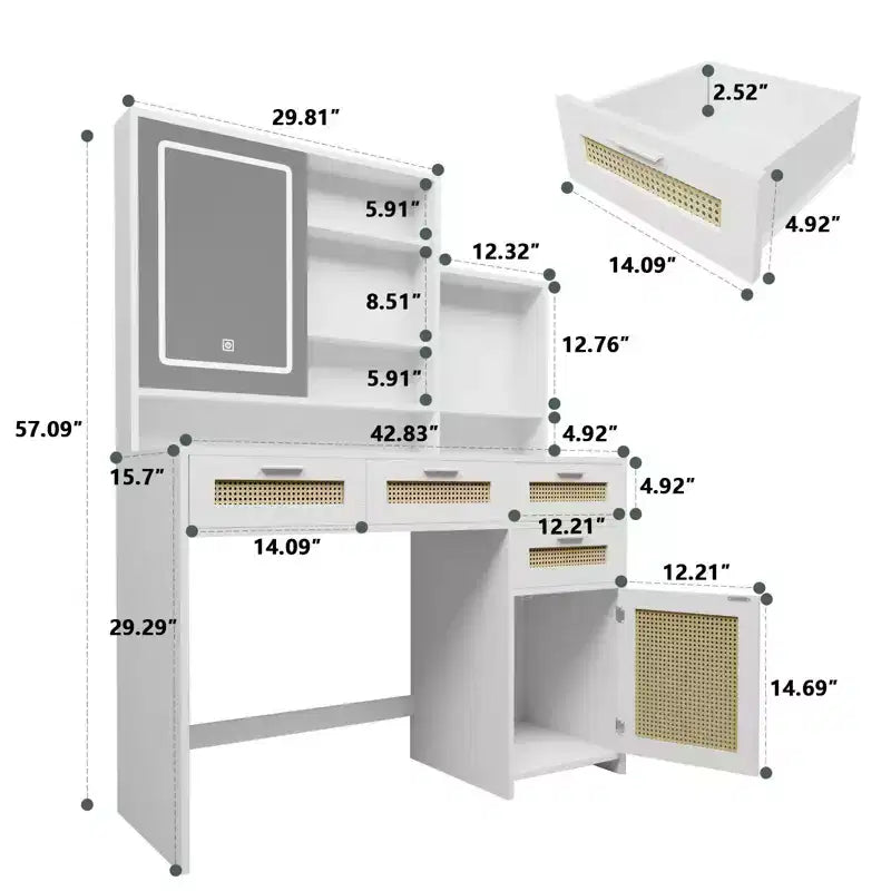 Coiffeuse moderne Okak avec miroir, bureau de maquillage avec 4 tiroirs, 1 placard et étagères, table de toilette décorative en rotin pour chambre à coucher