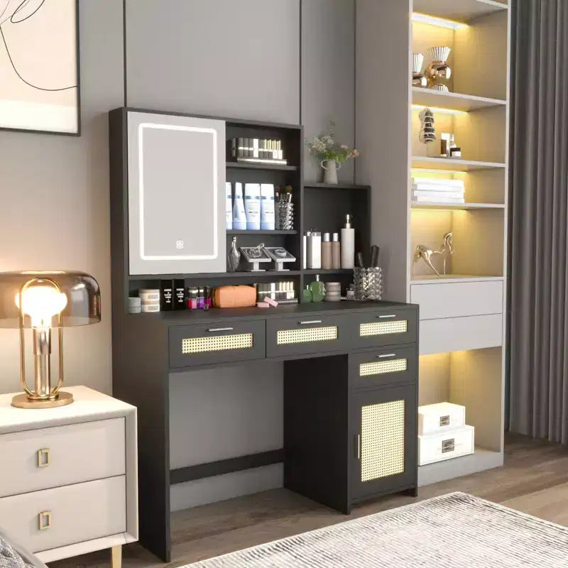 Coiffeuse moderne Okak avec miroir, bureau de maquillage avec 4 tiroirs, 1 placard et étagères, table de toilette décorative en rotin pour chambre à coucher