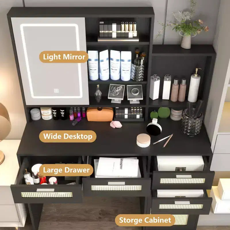 Coiffeuse moderne Okak avec miroir, bureau de maquillage avec 4 tiroirs, 1 placard et étagères, table de toilette décorative en rotin pour chambre à coucher