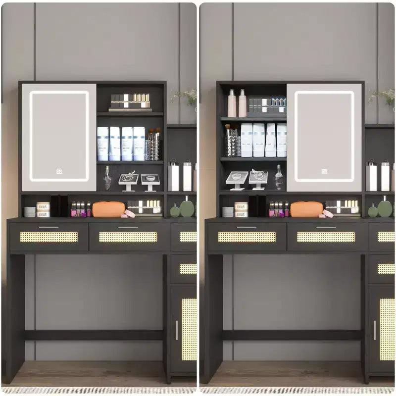 Coiffeuse moderne Okak avec miroir, bureau de maquillage avec 4 tiroirs, 1 placard et étagères, table de toilette décorative en rotin pour chambre à coucher