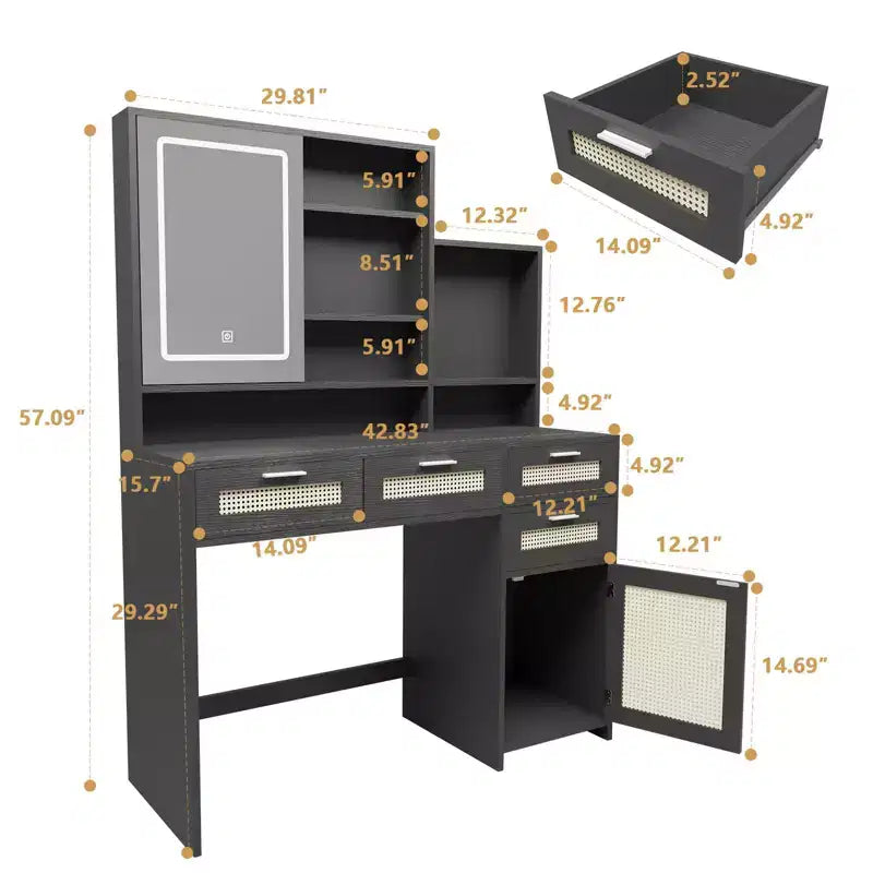 Coiffeuse moderne Okak avec miroir, bureau de maquillage avec 4 tiroirs, 1 placard et étagères, table de toilette décorative en rotin pour chambre à coucher