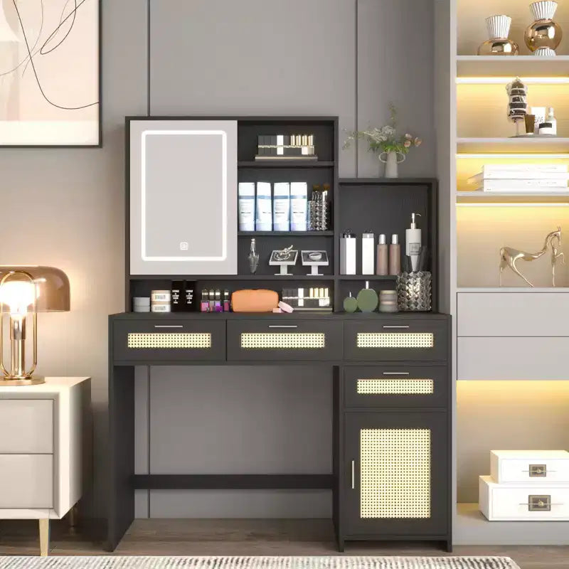 Okak Modern Makeup Vanity with Mirror, Vanity Desk with 4 Drawers, 1 Cabinets and Shelves, Rattan Decorative Vanity Table for Bedroom