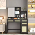 Okak Modern Makeup Vanity with Mirror, Vanity Desk with 4 Drawers, 1 Cabinets and Shelves, Rattan Decorative Vanity Table for Bedroom