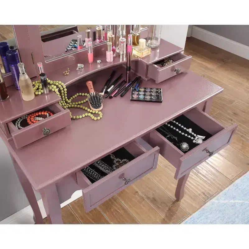 Coiffeuse Vintage en Bois Okak avec Tabouret et Miroir 3 Pièces, Coiffeuse Maquillage avec 4 Tiroirs et Étagère, Coiffeuse Compacte pour Chambre, Salon