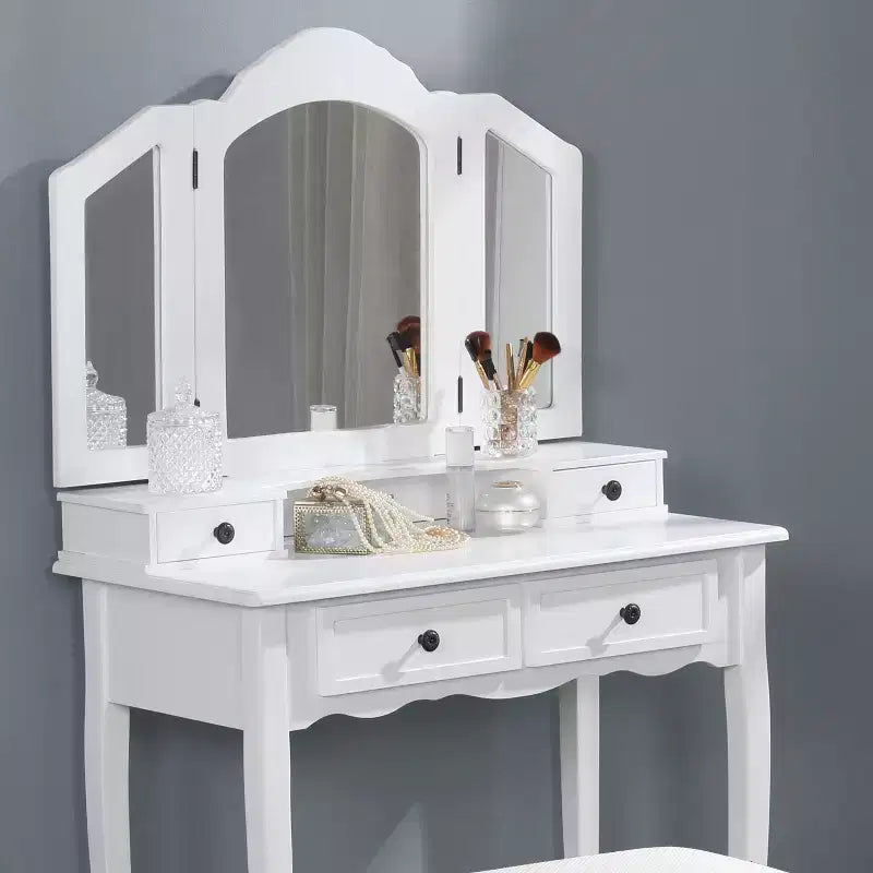Coiffeuse Vintage en Bois Okak avec Tabouret et Miroir 3 Pièces, Coiffeuse Maquillage avec 4 Tiroirs et Étagère, Coiffeuse Compacte pour Chambre, Salon