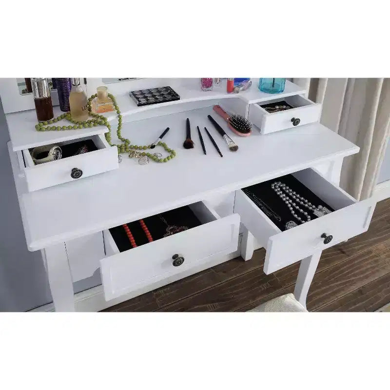 Coiffeuse Vintage en Bois Okak avec Tabouret et Miroir 3 Pièces, Coiffeuse Maquillage avec 4 Tiroirs et Étagère, Coiffeuse Compacte pour Chambre, Salon