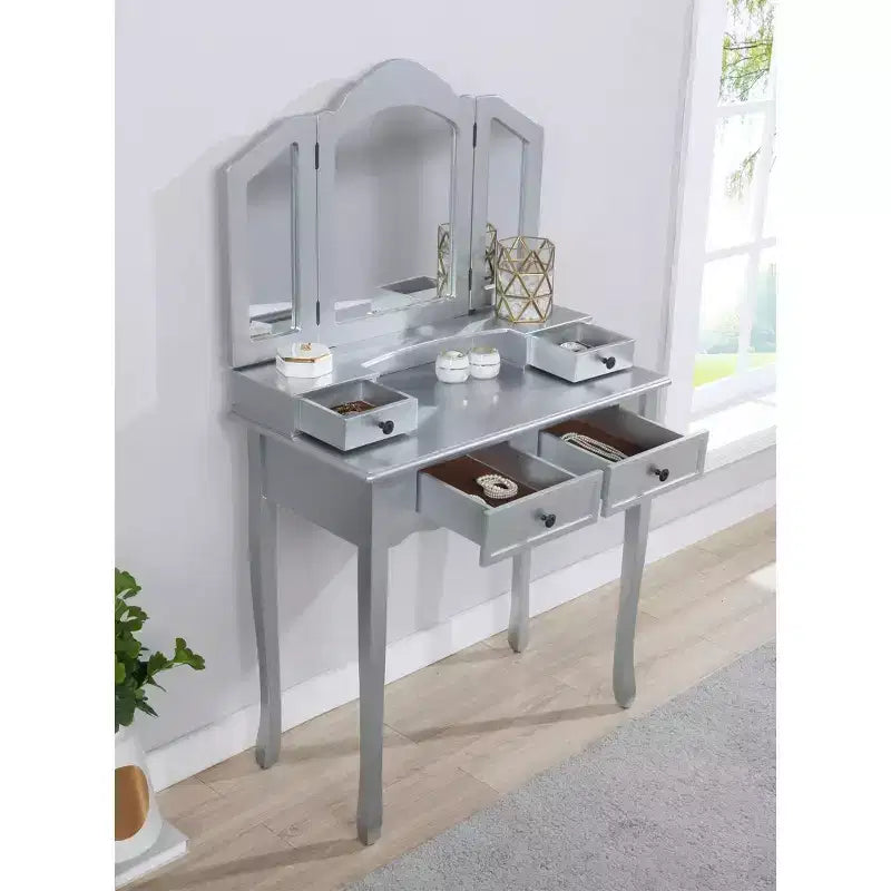 Coiffeuse Vintage en Bois Okak avec Tabouret et Miroir 3 Pièces, Coiffeuse Maquillage avec 4 Tiroirs et Étagère, Coiffeuse Compacte pour Chambre, Salon