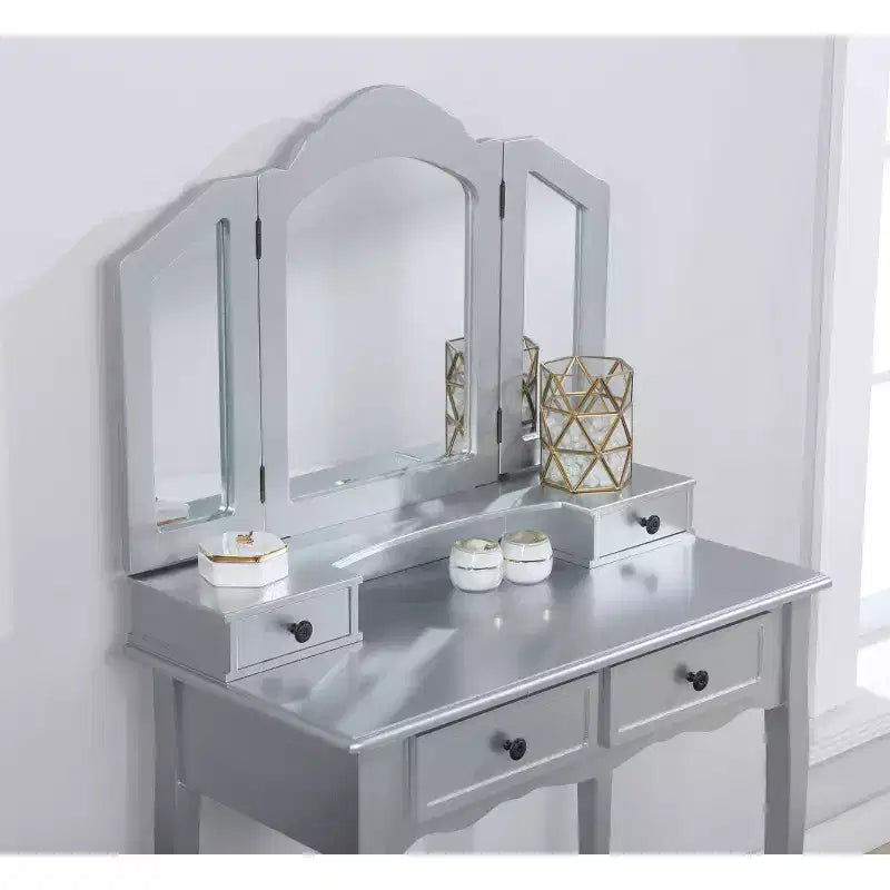 Coiffeuse Vintage en Bois Okak avec Tabouret et Miroir 3 Pièces, Coiffeuse Maquillage avec 4 Tiroirs et Étagère, Coiffeuse Compacte pour Chambre, Salon