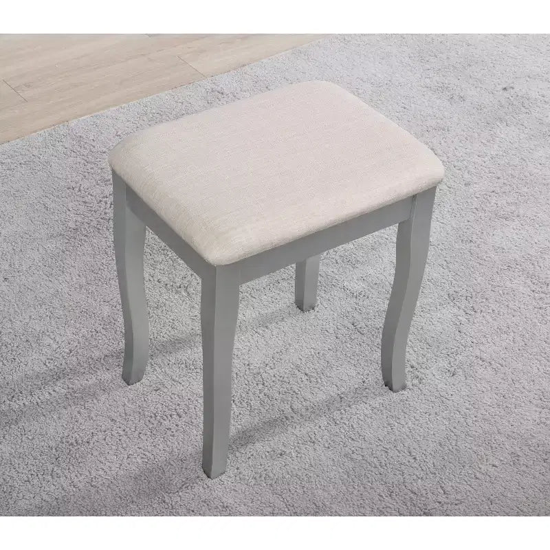 Coiffeuse Vintage en Bois Okak avec Tabouret et Miroir 3 Pièces, Coiffeuse Maquillage avec 4 Tiroirs et Étagère, Coiffeuse Compacte pour Chambre, Salon