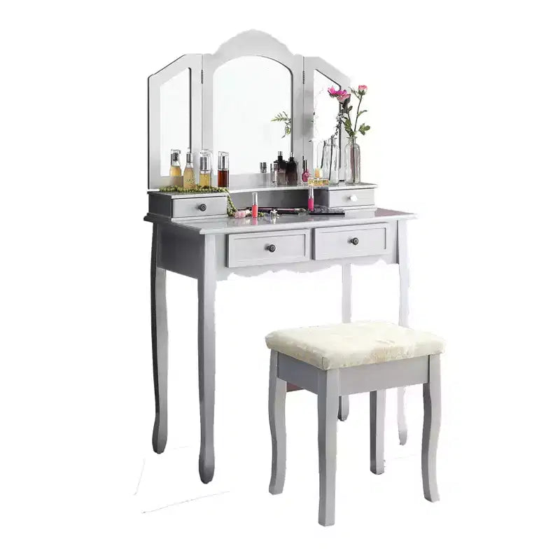 Coiffeuse Vintage en Bois Okak avec Tabouret et Miroir 3 Pièces, Coiffeuse Maquillage avec 4 Tiroirs et Étagère, Coiffeuse Compacte pour Chambre, Salon