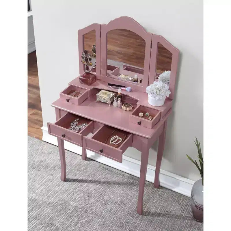 Coiffeuse Vintage en Bois Okak avec Tabouret et Miroir 3 Pièces, Coiffeuse Maquillage avec 4 Tiroirs et Étagère, Coiffeuse Compacte pour Chambre, Salon