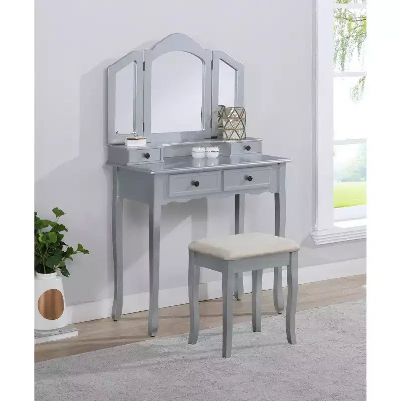 Coiffeuse Vintage en Bois Okak avec Tabouret et Miroir 3 Pièces, Coiffeuse Maquillage avec 4 Tiroirs et Étagère, Coiffeuse Compacte pour Chambre, Salon