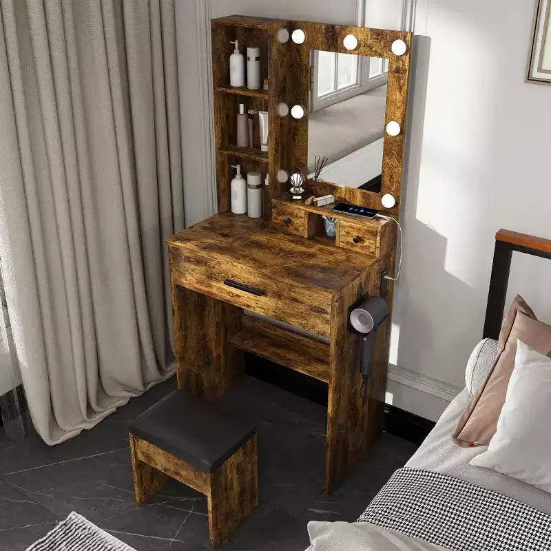 Coiffeuse Okak avec prise électrique et support pour sèche-cheveux, table de maquillage avec miroir et tabouret rembourré, coiffeuse pour petites chambres