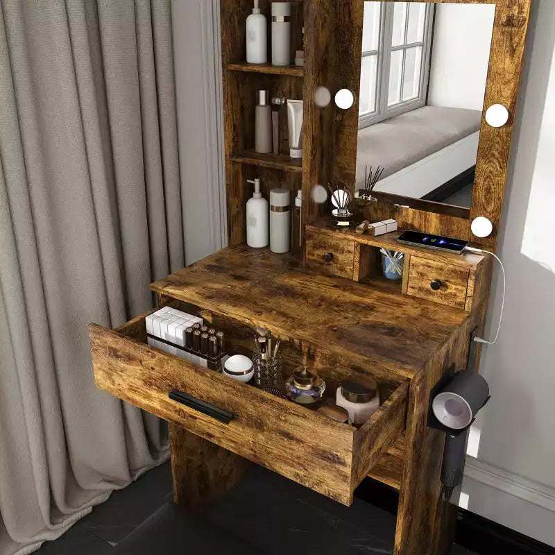 Coiffeuse Okak avec prise électrique et support pour sèche-cheveux, table de maquillage avec miroir et tabouret rembourré, coiffeuse pour petites chambres