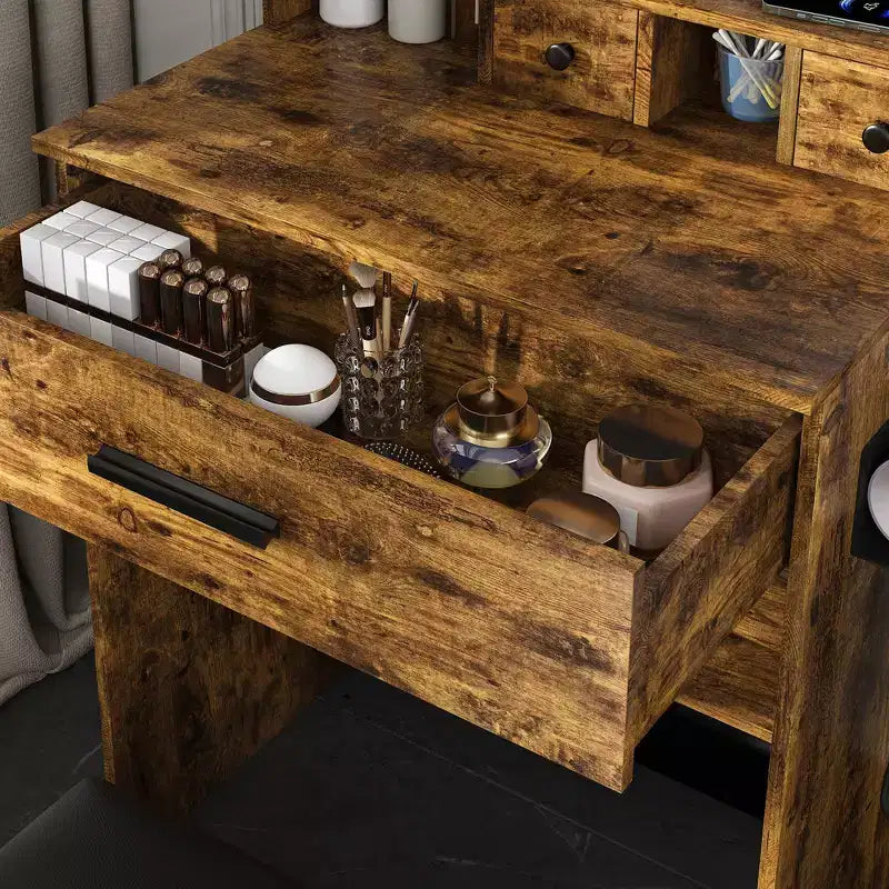 Coiffeuse Okak avec prise électrique et support pour sèche-cheveux, table de maquillage avec miroir et tabouret rembourré, coiffeuse pour petites chambres