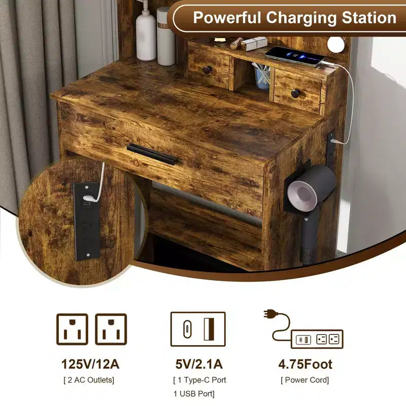 Coiffeuse Okak avec prise électrique et support pour sèche-cheveux, table de maquillage avec miroir et tabouret rembourré, coiffeuse pour petites chambres