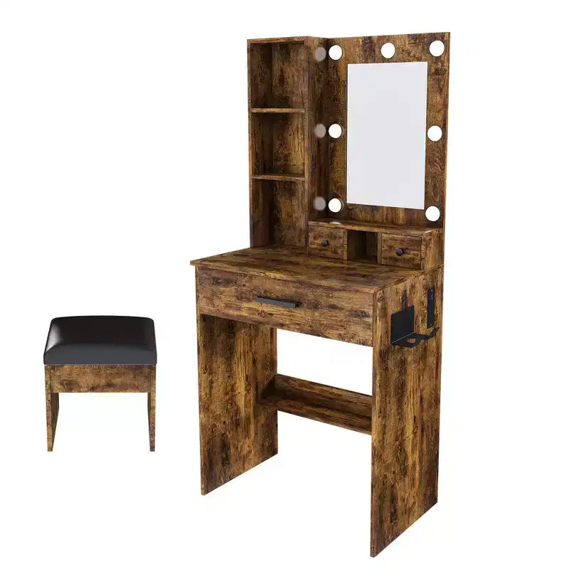 Coiffeuse Okak avec prise électrique et support pour sèche-cheveux, table de maquillage avec miroir et tabouret rembourré, coiffeuse pour petites chambres