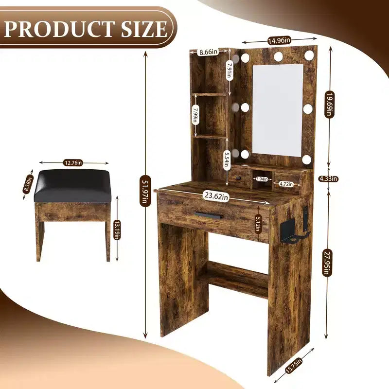 Coiffeuse Okak avec prise électrique et support pour sèche-cheveux, table de maquillage avec miroir et tabouret rembourré, coiffeuse pour petites chambres