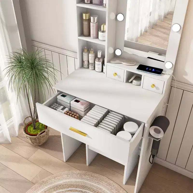 Coiffeuse Okak avec prise électrique et support pour sèche-cheveux, table de maquillage avec miroir et tabouret rembourré, coiffeuse pour petites chambres