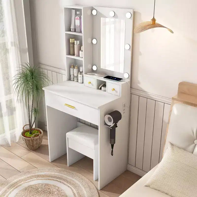 Coiffeuse Okak avec prise électrique et support pour sèche-cheveux, table de maquillage avec miroir et tabouret rembourré, coiffeuse pour petites chambres