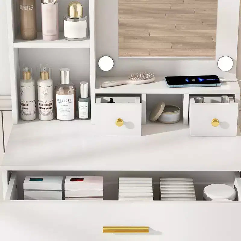 Coiffeuse Okak avec prise électrique et support pour sèche-cheveux, table de maquillage avec miroir et tabouret rembourré, coiffeuse pour petites chambres