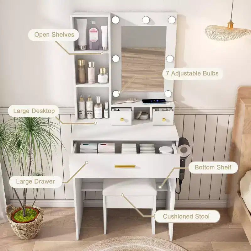 Coiffeuse Okak avec prise électrique et support pour sèche-cheveux, table de maquillage avec miroir et tabouret rembourré, coiffeuse pour petites chambres