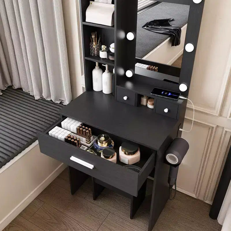 Coiffeuse Okak avec prise électrique et support pour sèche-cheveux, table de maquillage avec miroir et tabouret rembourré, coiffeuse pour petites chambres