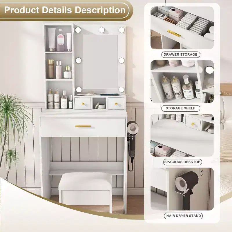 Coiffeuse Okak avec prise électrique et support pour sèche-cheveux, table de maquillage avec miroir et tabouret rembourré, coiffeuse pour petites chambres