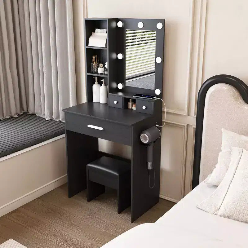 Coiffeuse Okak avec prise électrique et support pour sèche-cheveux, table de maquillage avec miroir et tabouret rembourré, coiffeuse pour petites chambres