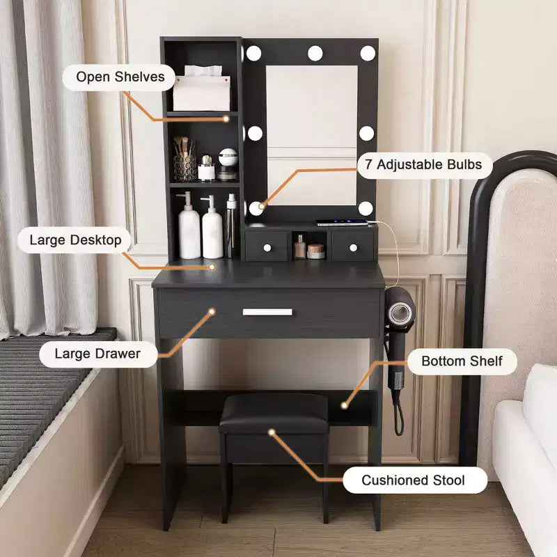 Coiffeuse Okak avec prise électrique et support pour sèche-cheveux, table de maquillage avec miroir et tabouret rembourré, coiffeuse pour petites chambres