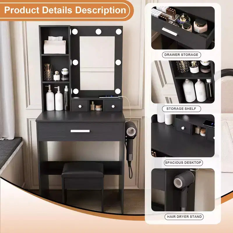 Coiffeuse Okak avec prise électrique et support pour sèche-cheveux, table de maquillage avec miroir et tabouret rembourré, coiffeuse pour petites chambres