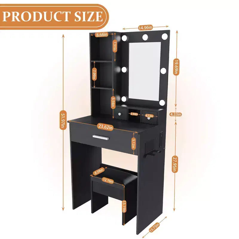 Coiffeuse Okak avec prise électrique et support pour sèche-cheveux, table de maquillage avec miroir et tabouret rembourré, coiffeuse pour petites chambres