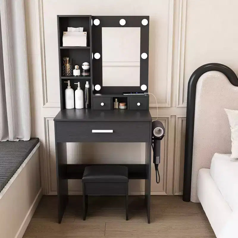 Coiffeuse Okak avec prise électrique et support pour sèche-cheveux, table de maquillage avec miroir et tabouret rembourré, coiffeuse pour petites chambres