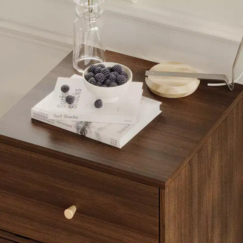 Coiffeuse roulante Famapy en noyer, miroir LED, rangement multicouche et plan de travail pliable