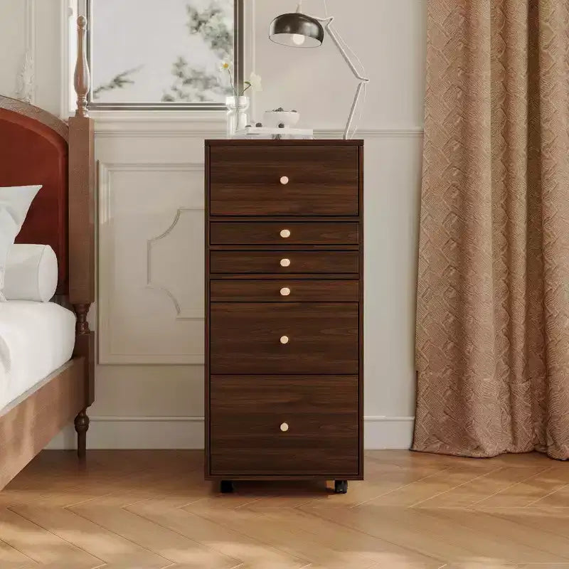 Coiffeuse roulante Famapy en noyer, miroir LED, rangement multicouche et plan de travail pliable