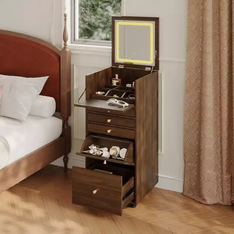 Coiffeuse roulante Famapy en noyer, miroir LED, rangement multicouche et plan de travail pliable