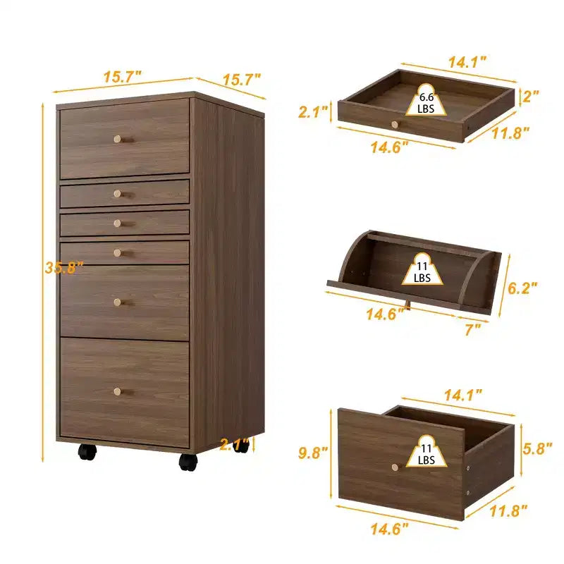 Coiffeuse roulante Famapy en noyer, miroir LED, rangement multicouche et plan de travail pliable