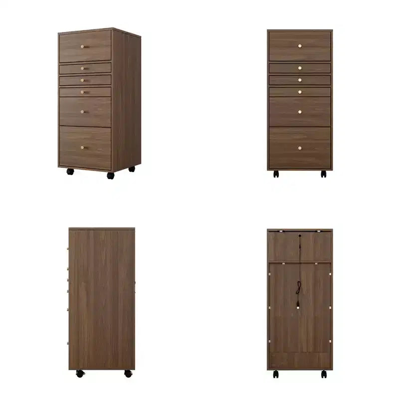 Coiffeuse roulante Famapy en noyer, miroir LED, rangement multicouche et plan de travail pliable