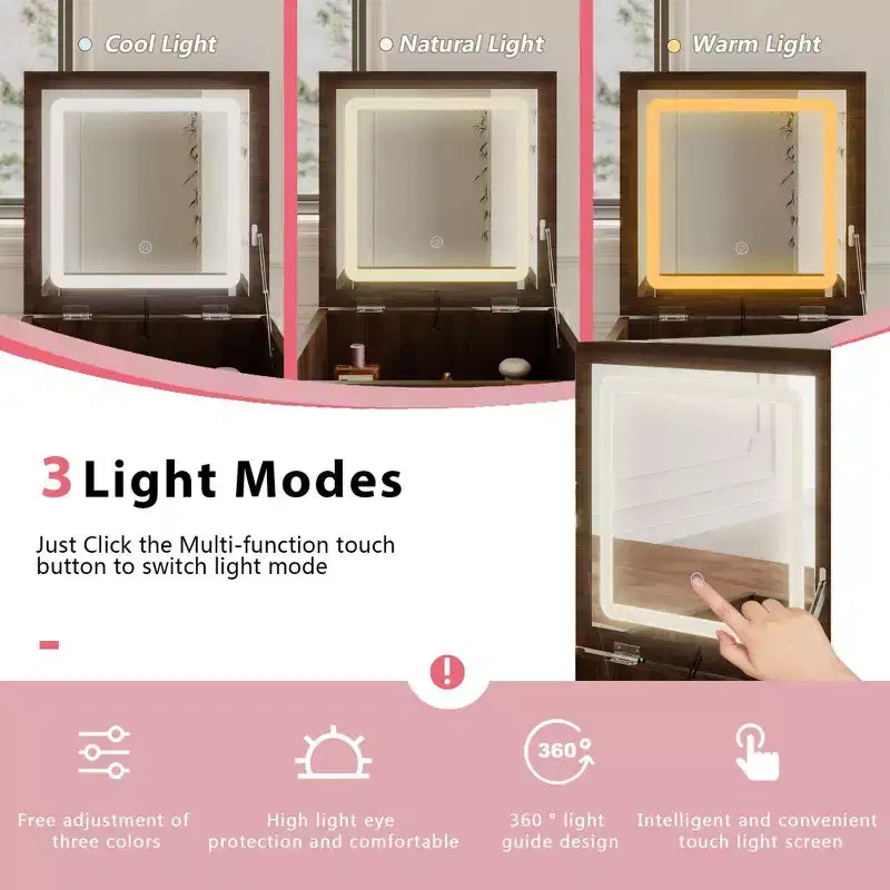 Coiffeuse roulante Famapy en noyer, miroir LED, rangement multicouche et plan de travail pliable