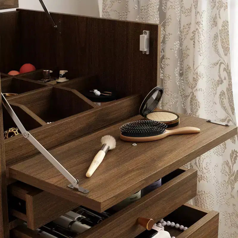 Coiffeuse roulante Famapy en noyer, miroir LED, rangement multicouche et plan de travail pliable