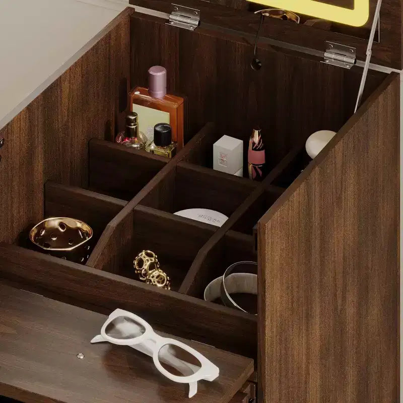 Coiffeuse roulante Famapy en noyer, miroir LED, rangement multicouche et plan de travail pliable